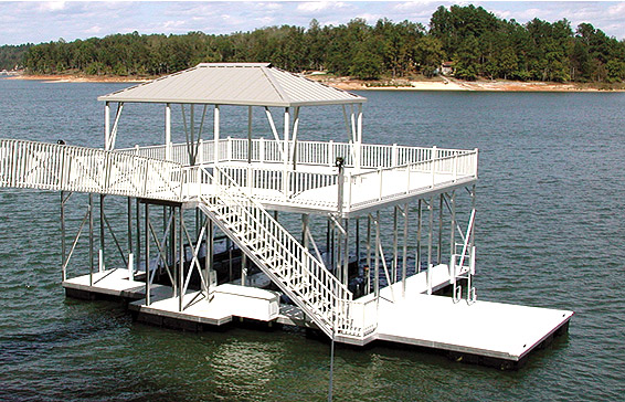 A complete Flotation Systems aluminum boat dock