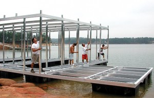 Initial assembly of a Flotation Systems aluminum boat dock