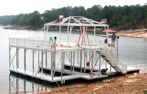 A Flotation Systems aluminum boat dock almost fully complete